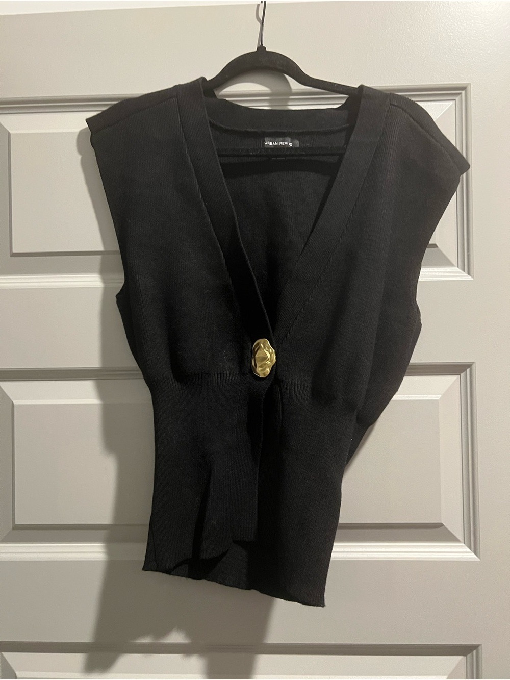 Black Sleeveless V-Neck Knit Vest with Gold Rosette Button - Picture 8 of 9